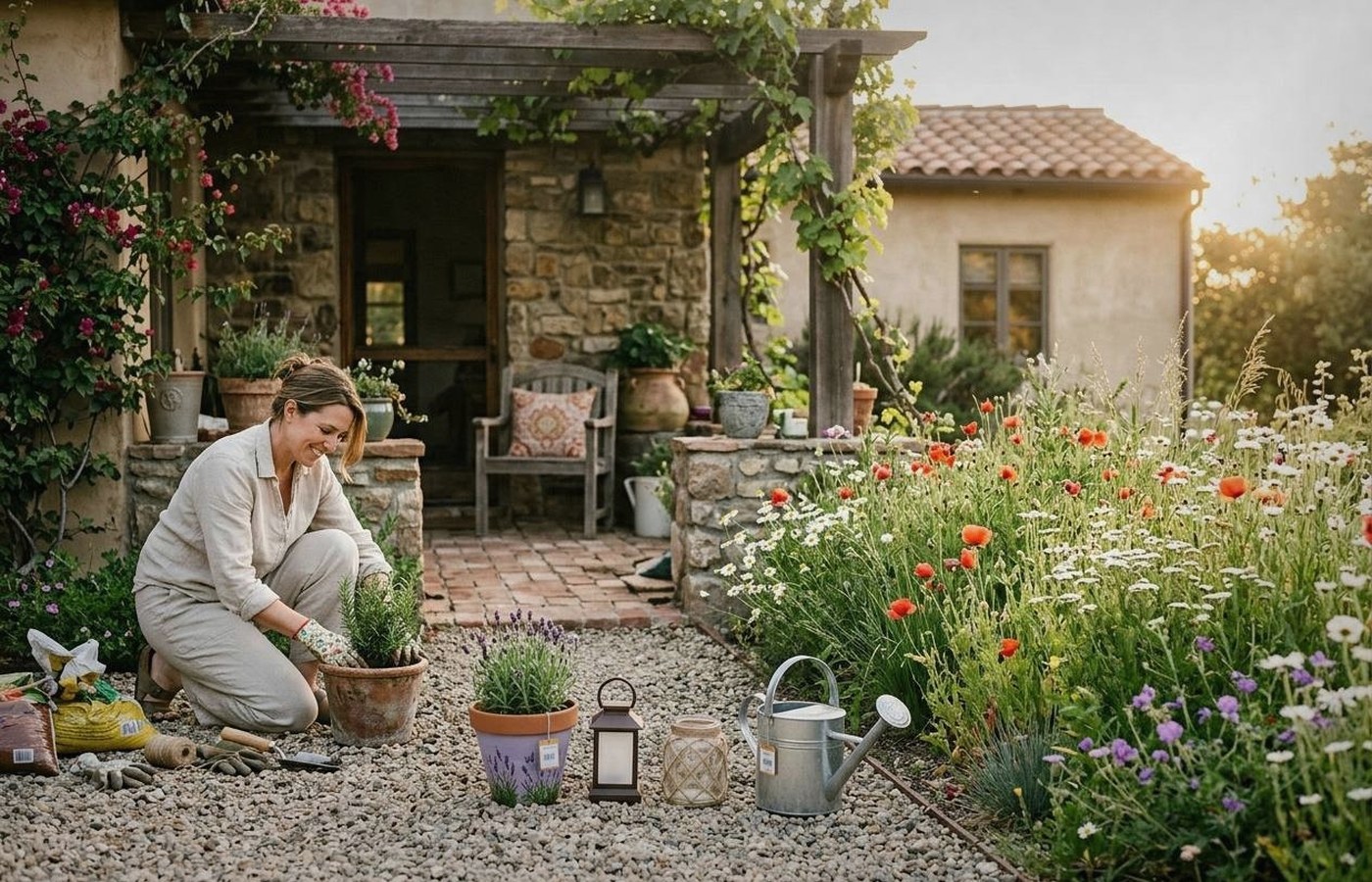 Simple flower planting adding color to a plain house front