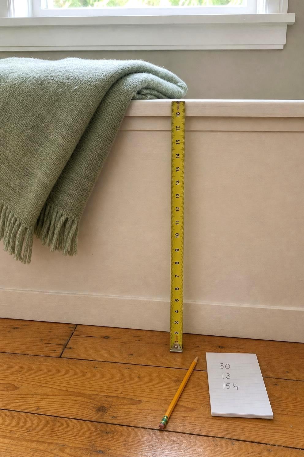 Tape measure extended from the floor up the front of a cream painted bench under a window, with a notepad and pencil on the floorboards
