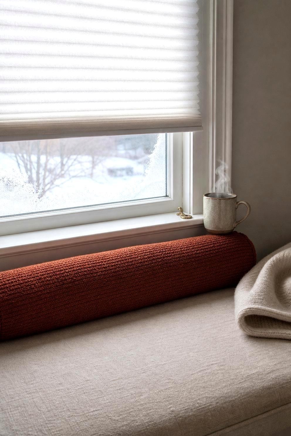 Rust knit bolster along the base of a window where the seat cushion meets the glass, with a half-lowered cellular shade and a steaming mug on the sill