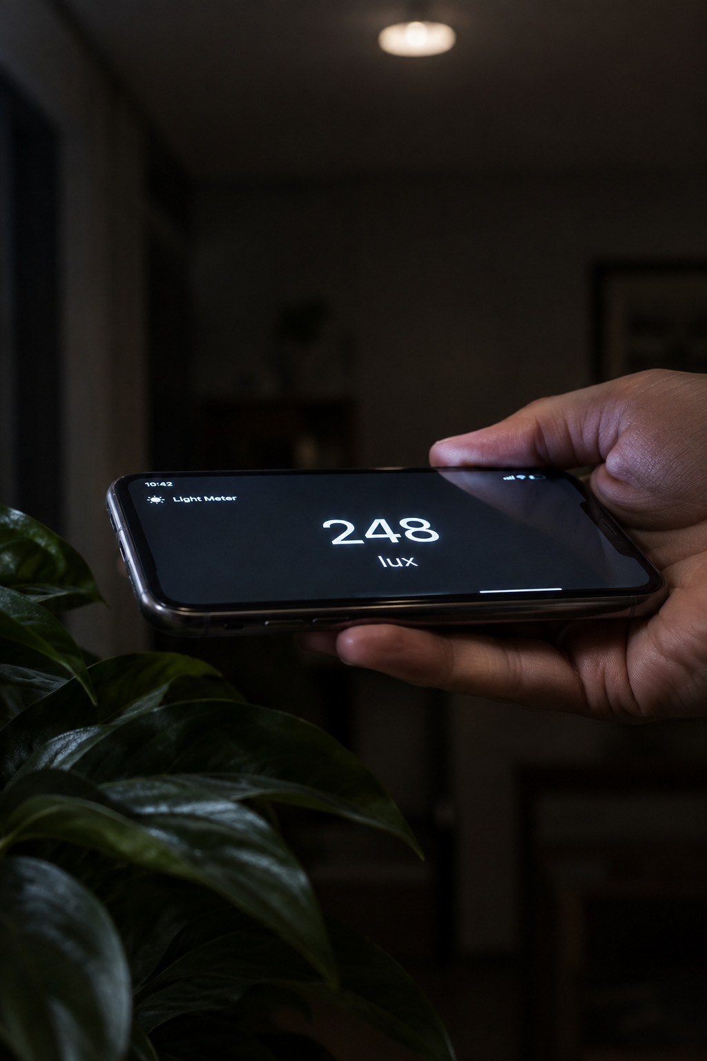 A phone light meter app held at plant height in a windowless bathroom with the ceiling fixture switched on