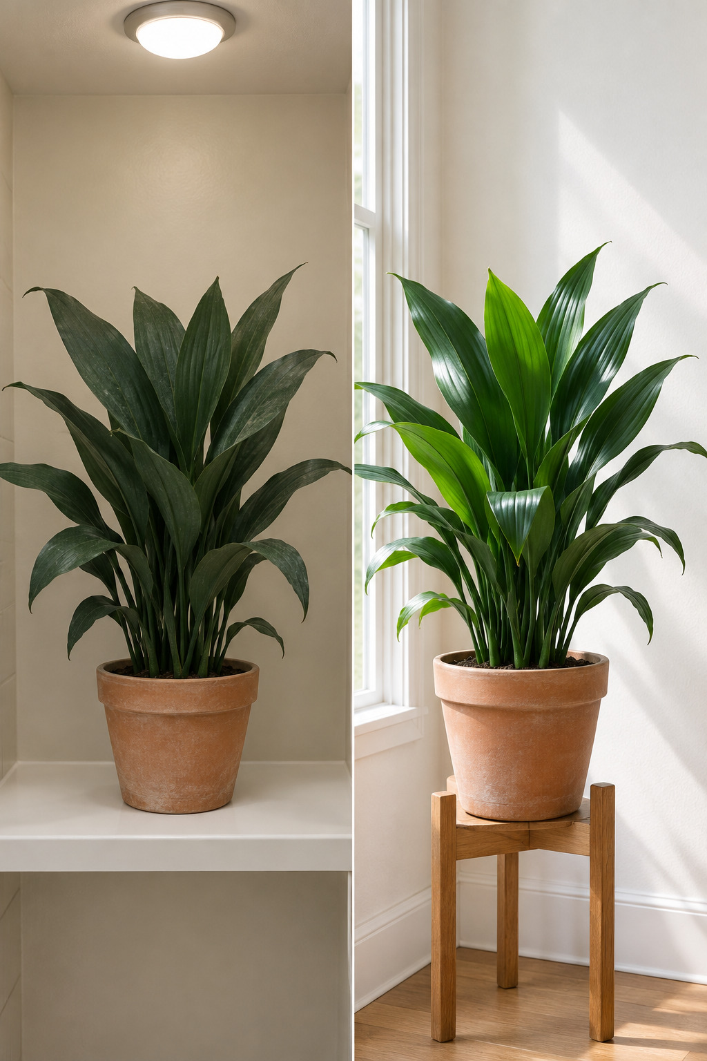 Two identical cast iron plants in matching pots, one on a bathroom shelf and one on a stand beside a bright window