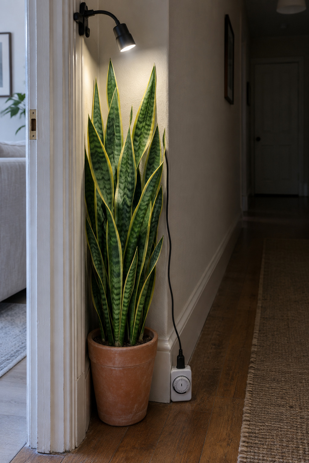 A snake plant in a narrow floor gap against a hallway wall with a small clip-on light above it on a timer