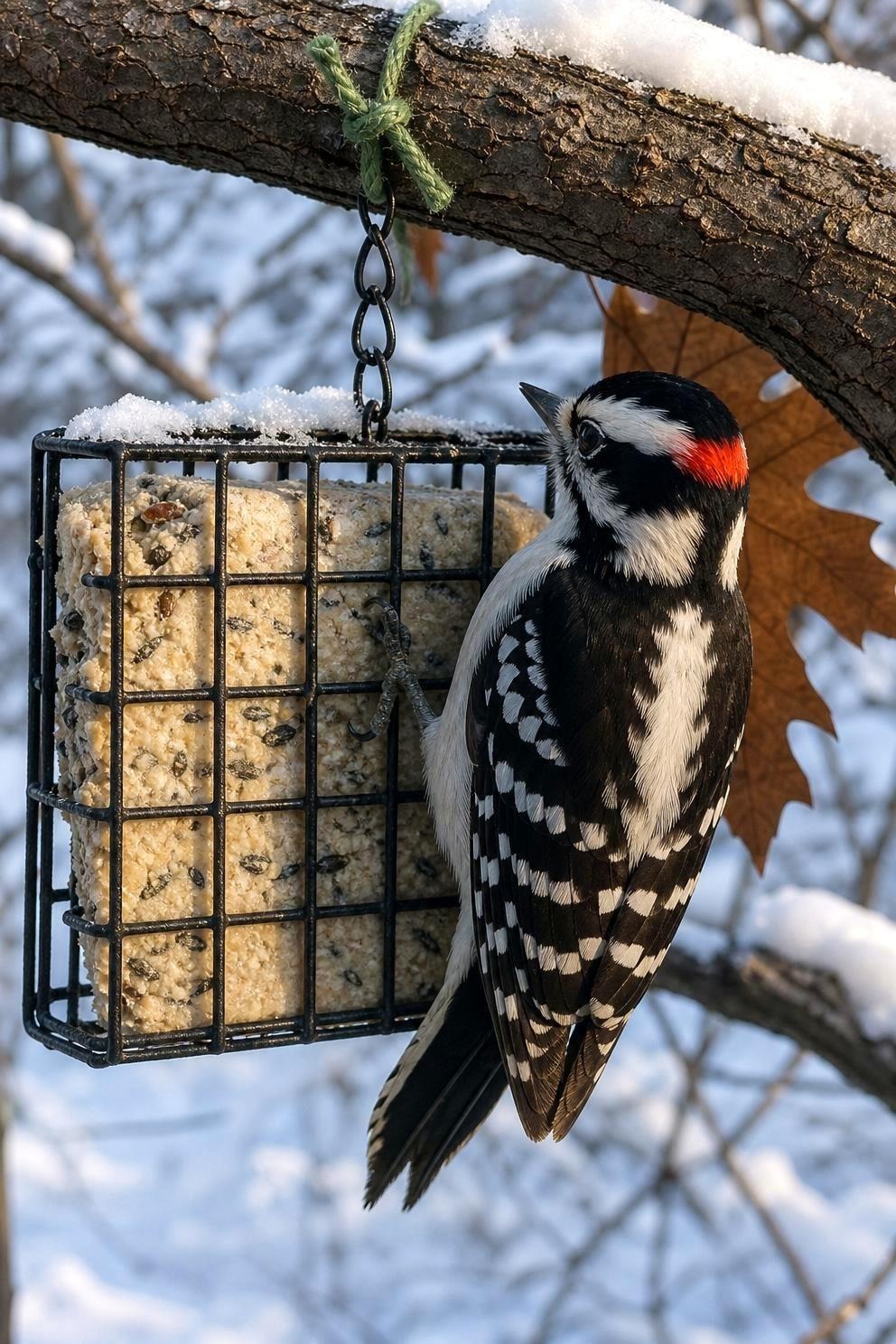 A wire cage suet feeder hanging from a bare branch with a downy woodpecker clinging to the side, snow on the branch above
