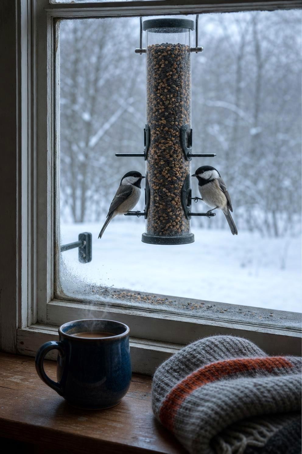 A tube feeder mounted close to a snowy kitchen window with chickadees feeding, seen from inside past a mug on the sill