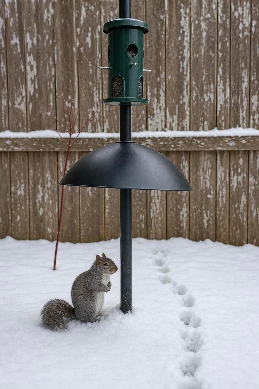 A metal pole feeder with a dome baffle mounted below it, snow on the ground and a gray squirrel sitting at the base of the pole looking up