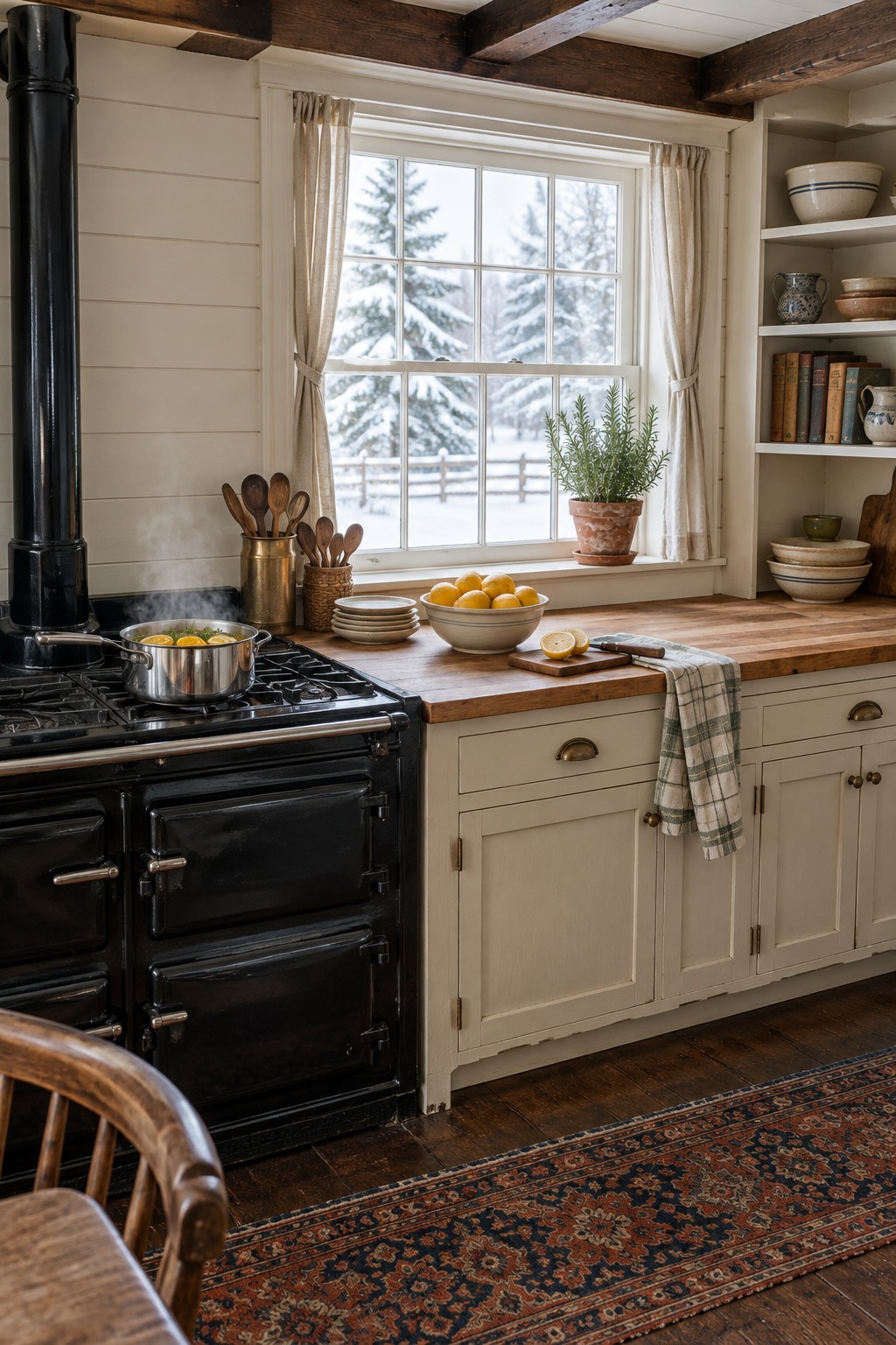 Farmhouse kitchen in January with a small pot of lemon slices simmering on a black range, a bowl of lemons on the butcher block counter, a potted rosemary on the windowsill and snow outside