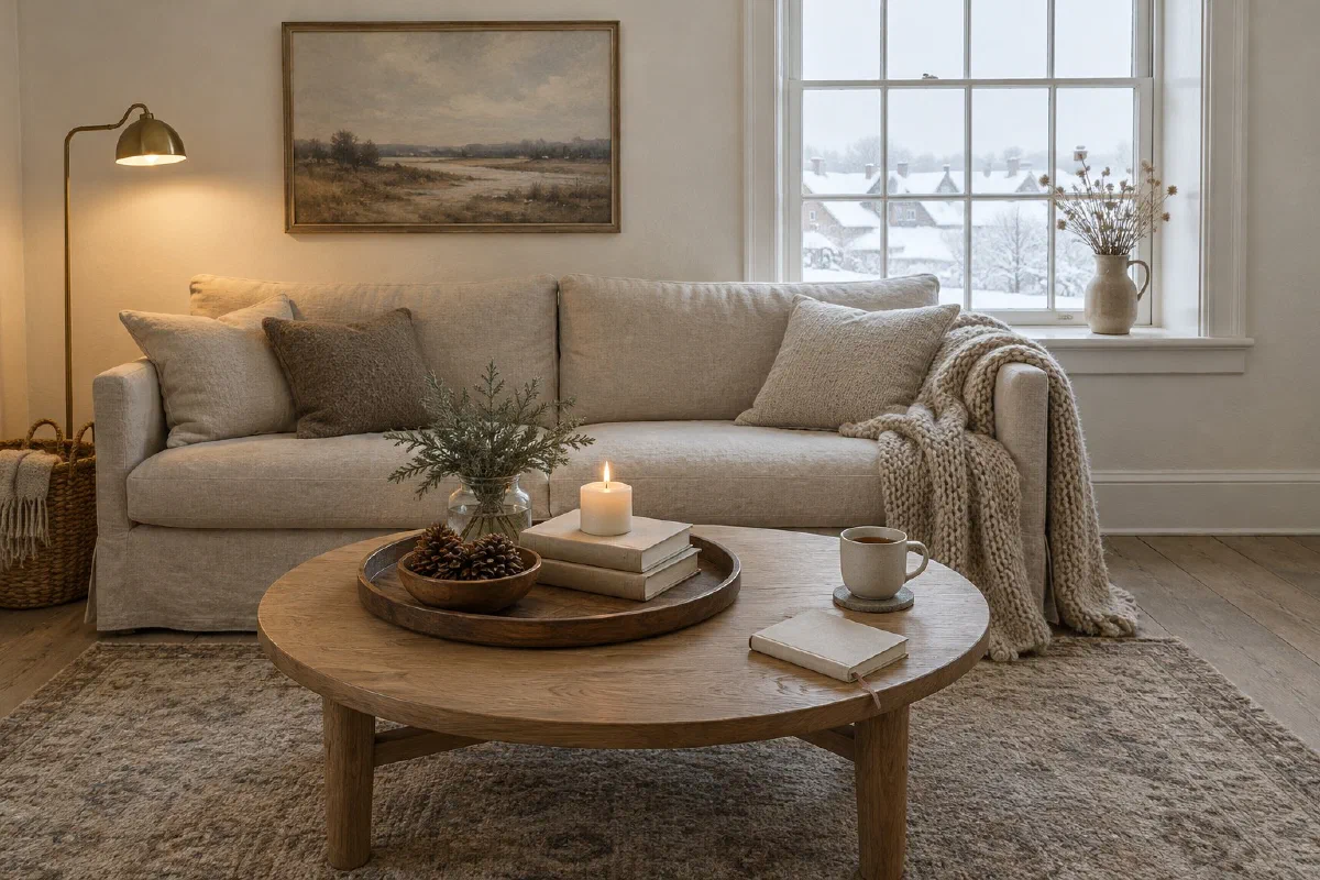 Small living room in January with a round oak coffee table holding a wooden tray with books, a lit cream candle, a bowl of pinecones and cedar sprigs, and a mug of tea on the open end
