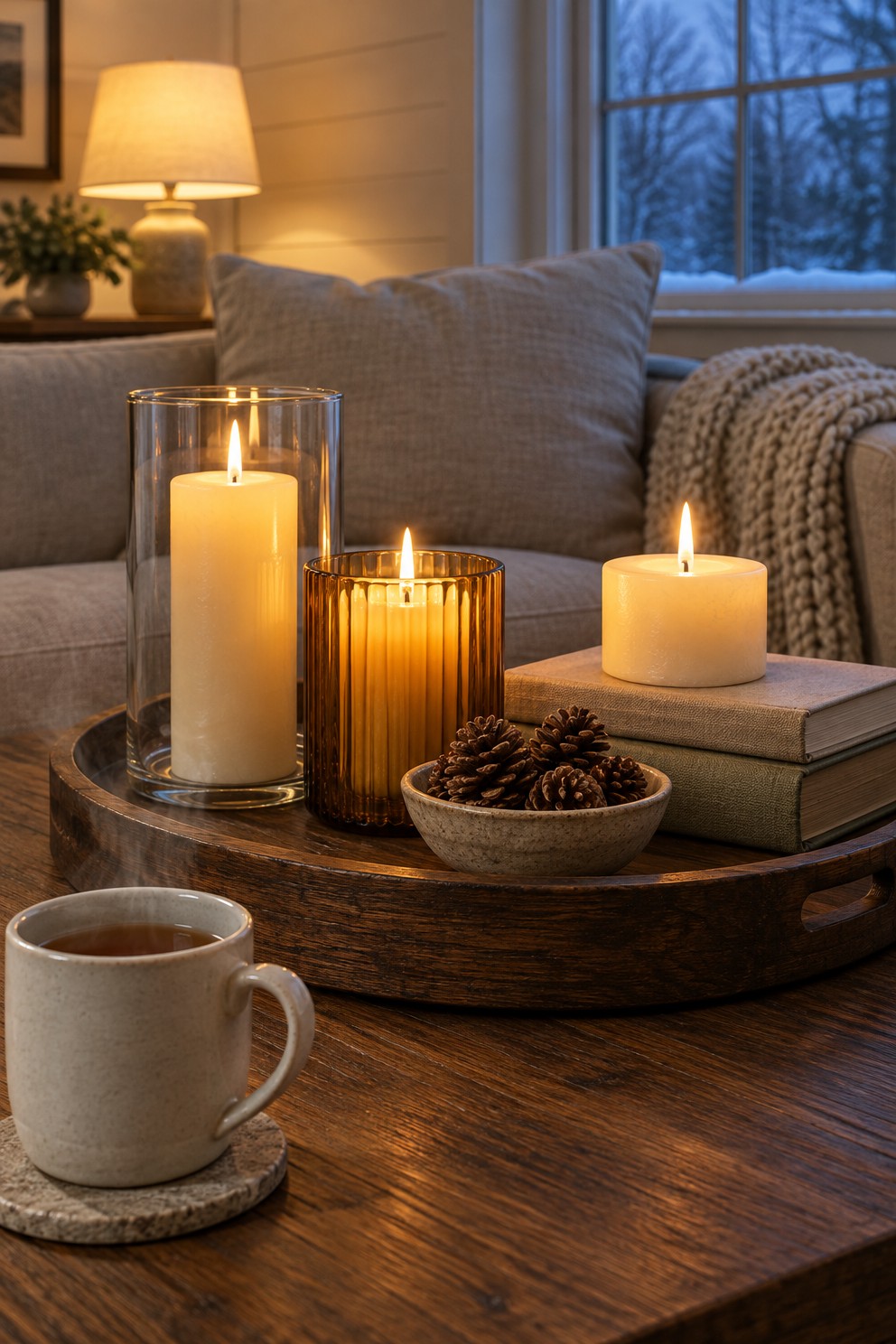 Three candles of different heights in glass holders on a dark wood tray on a coffee table at dusk, with a mug of tea on the bare end