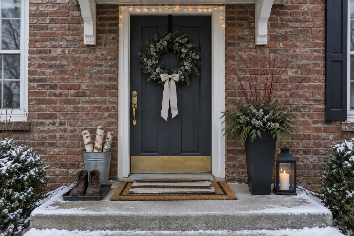 Charcoal front door of a small brick townhouse with a neutral winter wreath, a lit lantern and a tall planter of cedar stems on the stoop in January