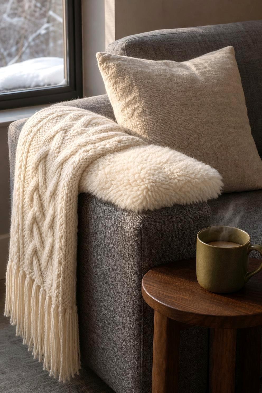 A cream wool throw, an oatmeal linen cushion, and a folded sheepskin stacked on the arm of a gray sofa