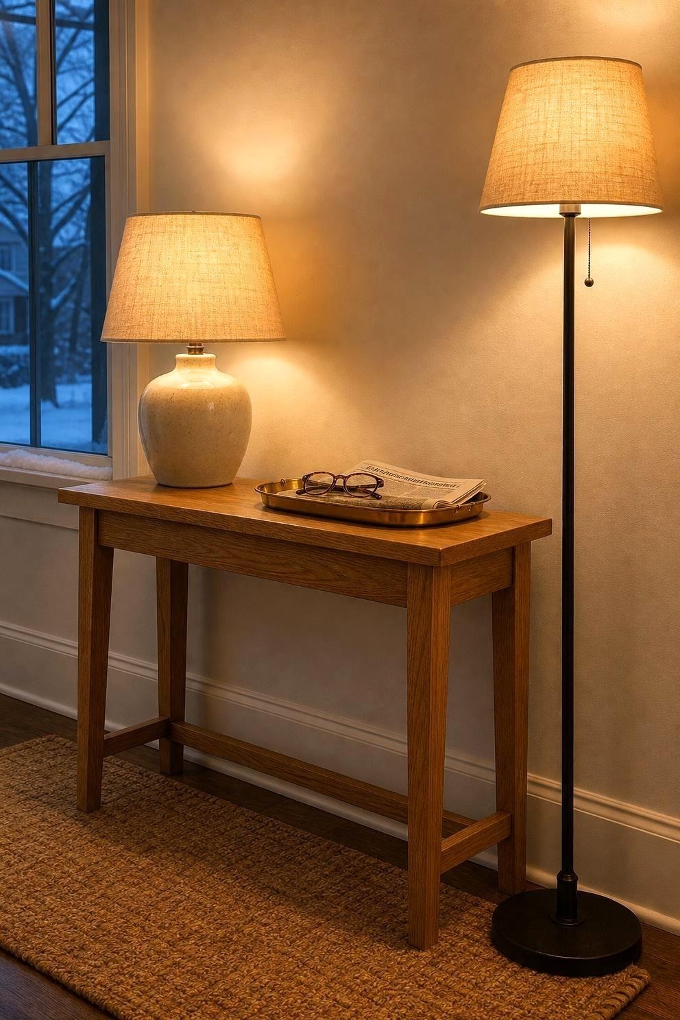 A lit table lamp with a linen shade on a wood console beside a floor lamp, both switched on in a dim room at dusk