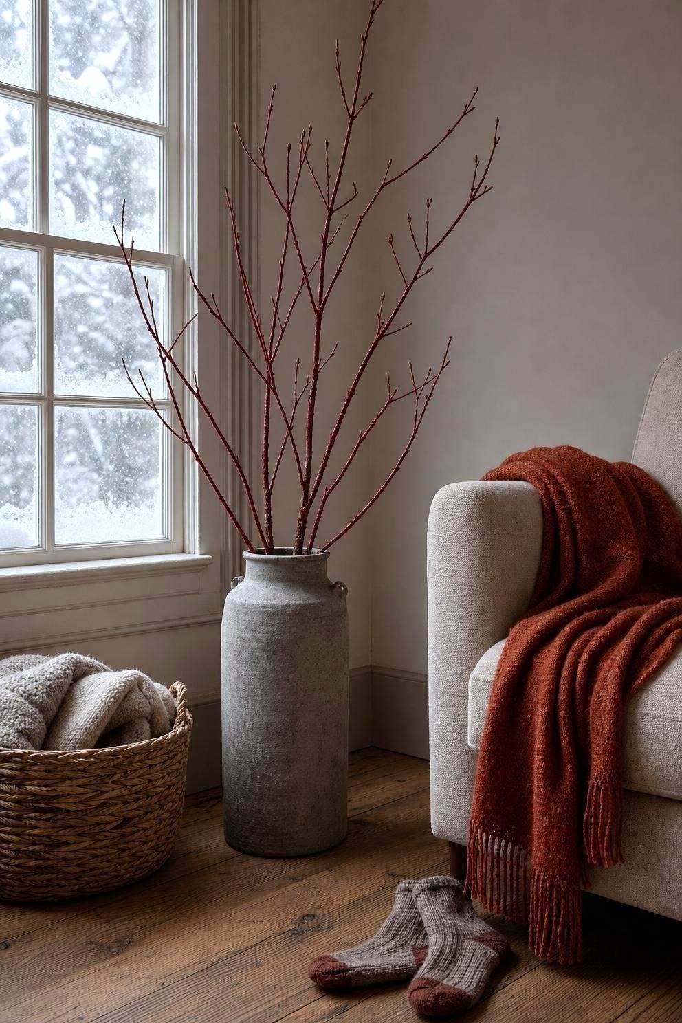 A tall stoneware jug of bare branches standing on the floor in a corner beside a chair, with snow visible through the window