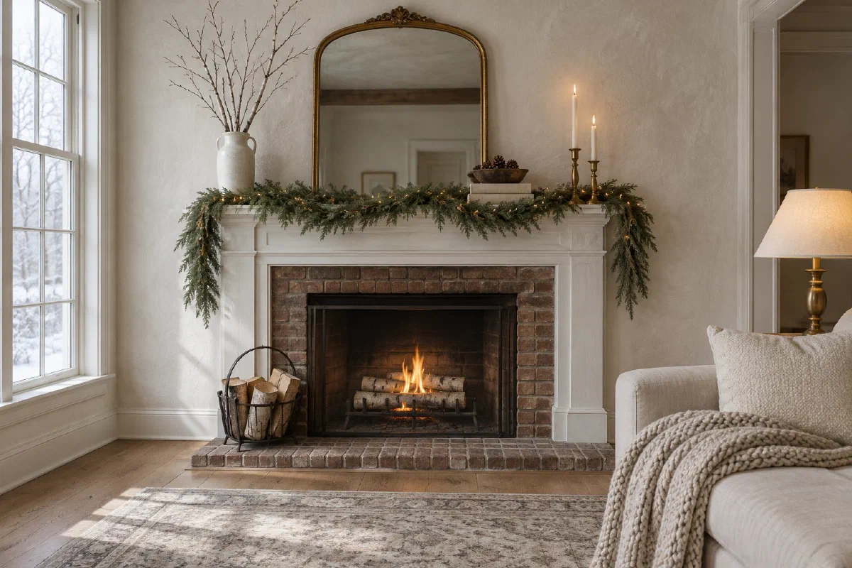 Living room fireplace in January with a white mantel, a cedar garland with fairy lights and no ornaments, a gold-framed mirror, two lit cream candles, a vase of bare birch branches and a basket of birch logs by the hearth