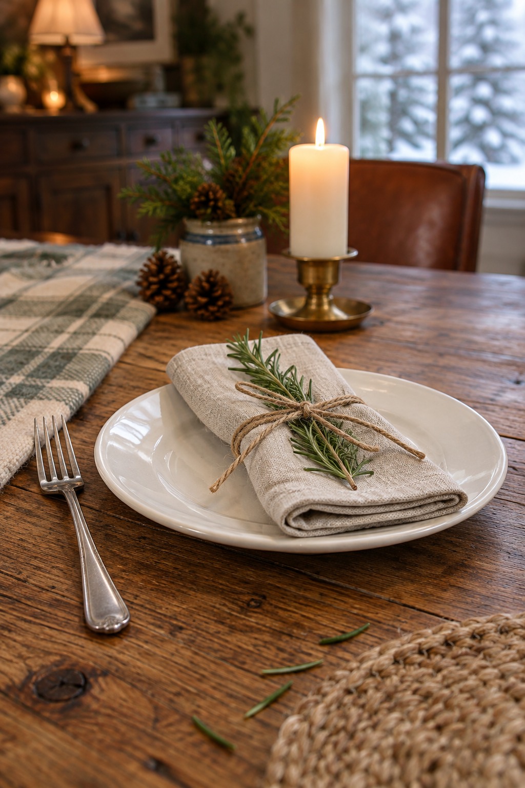 Close view of one winter place setting with a white plate, a natural linen napkin tied with twine and a sprig of rosemary, a fork on the side, and pinecones and a lit pillar candle in a brass holder behind