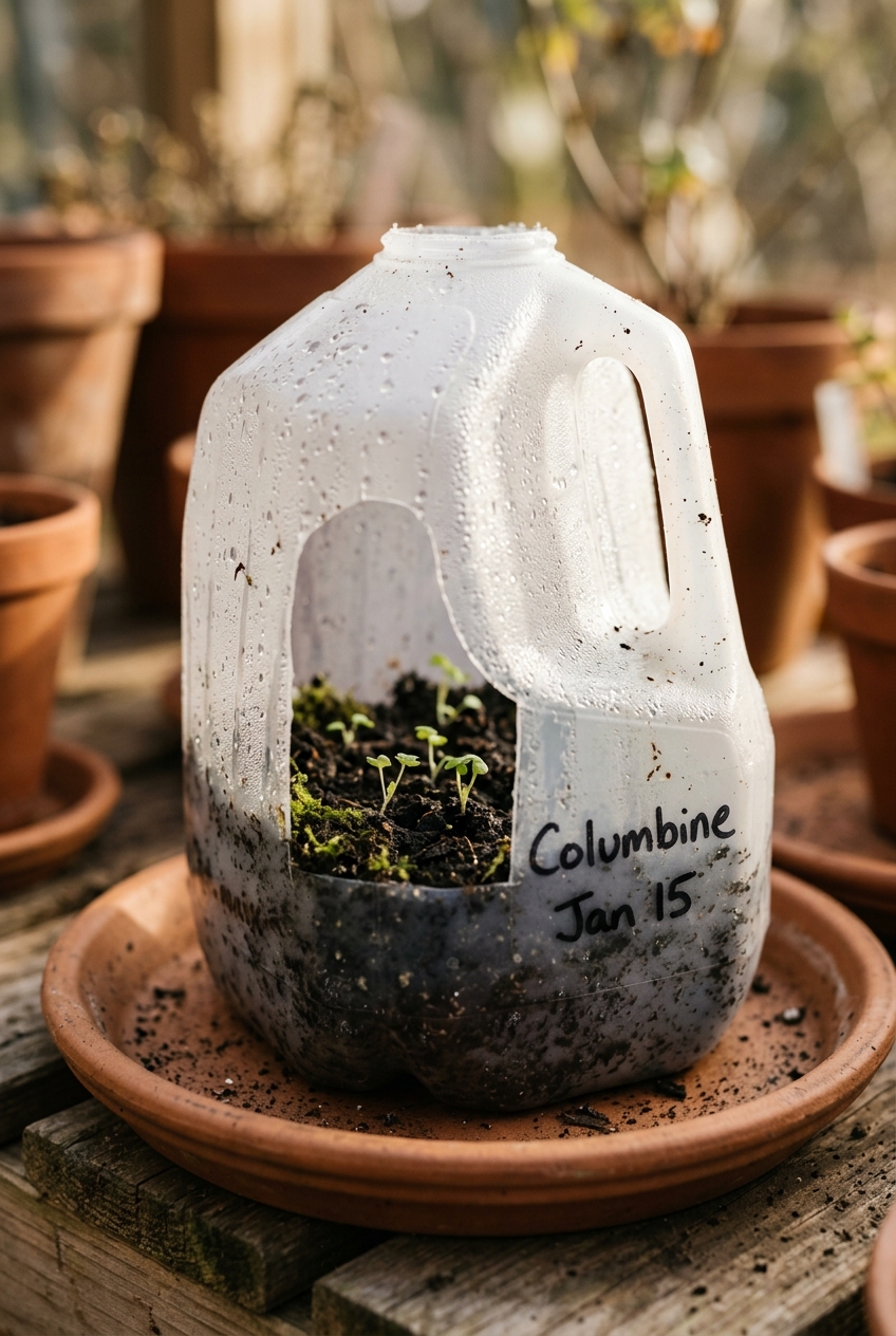 Gallon milk jugs cut horizontally with drainage holes punched in bottom, filled with seed starting mix