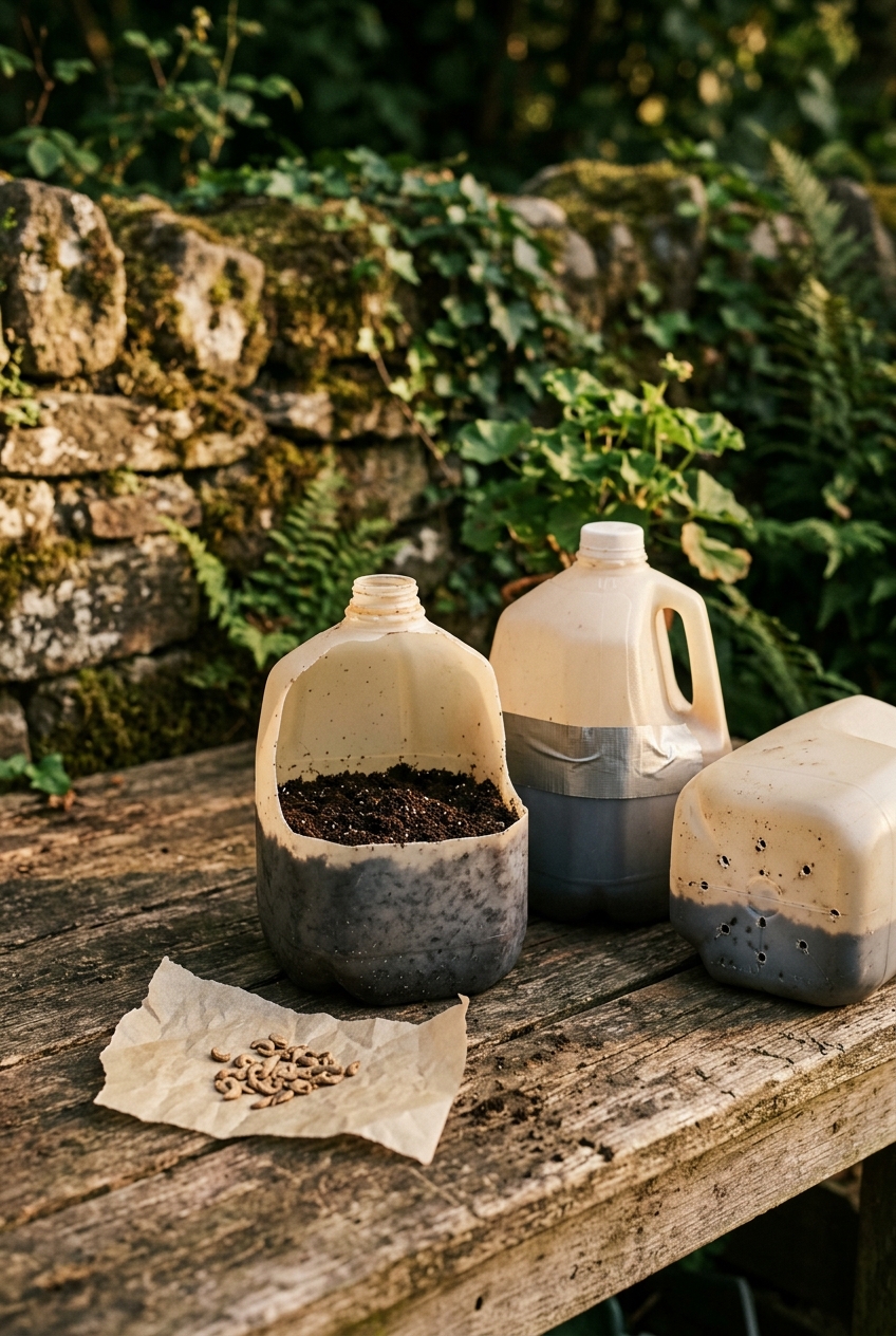 Seedlings emerging in milk jug mini greenhouse with condensation on inside of plastic