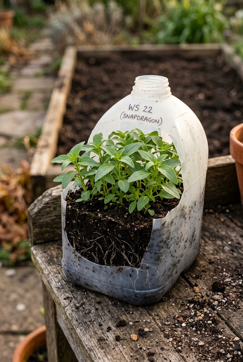 Hands transplanting winter-sown seedlings from cut milk jug into garden bed