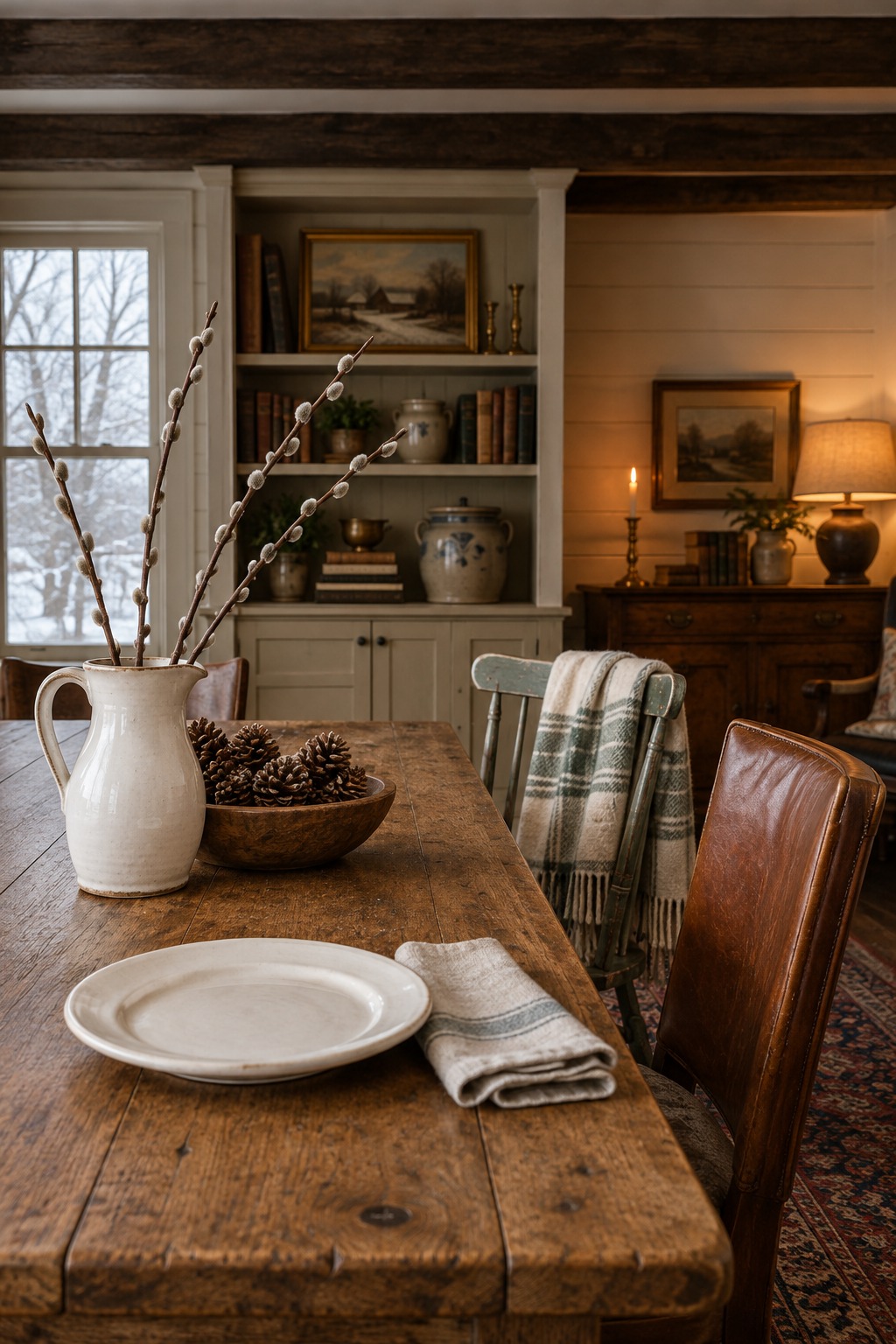 End of a farmhouse dining table in winter with a white pitcher of bare pussy willow branches, a low wooden bowl of pinecones and a folded linen napkin beside a white plate