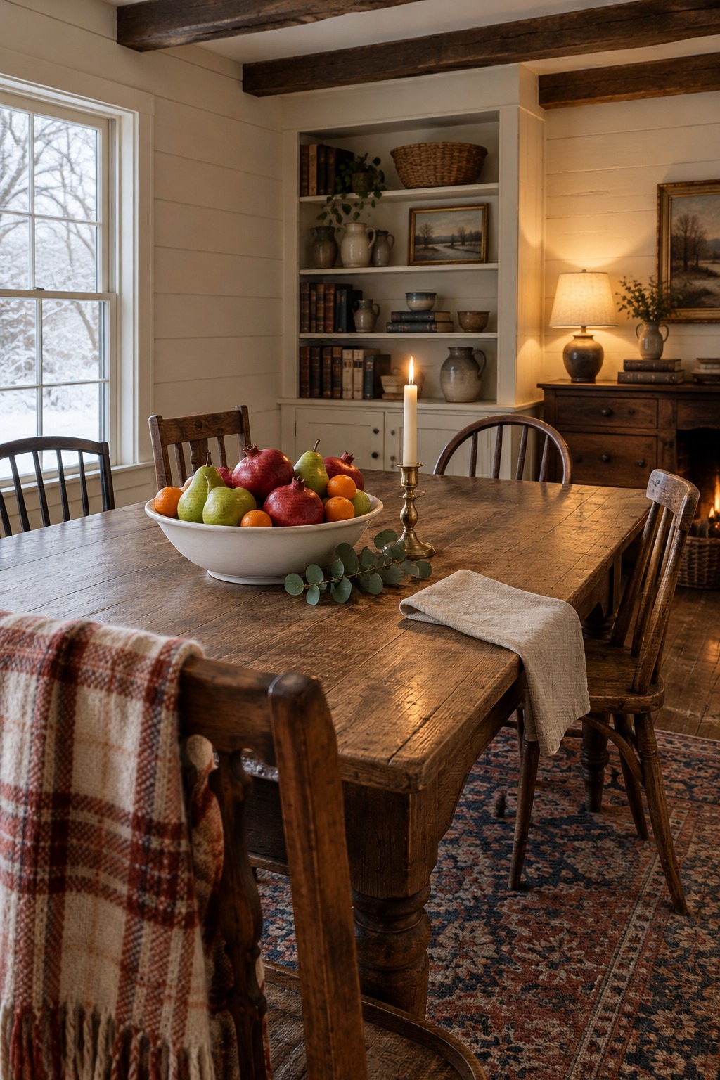 Wide white bowl of green pears, pomegranates and clementines on a wooden farmhouse dining table with a sprig of eucalyptus, a lit ivory taper in a brass candlestick and a linen napkin nearby