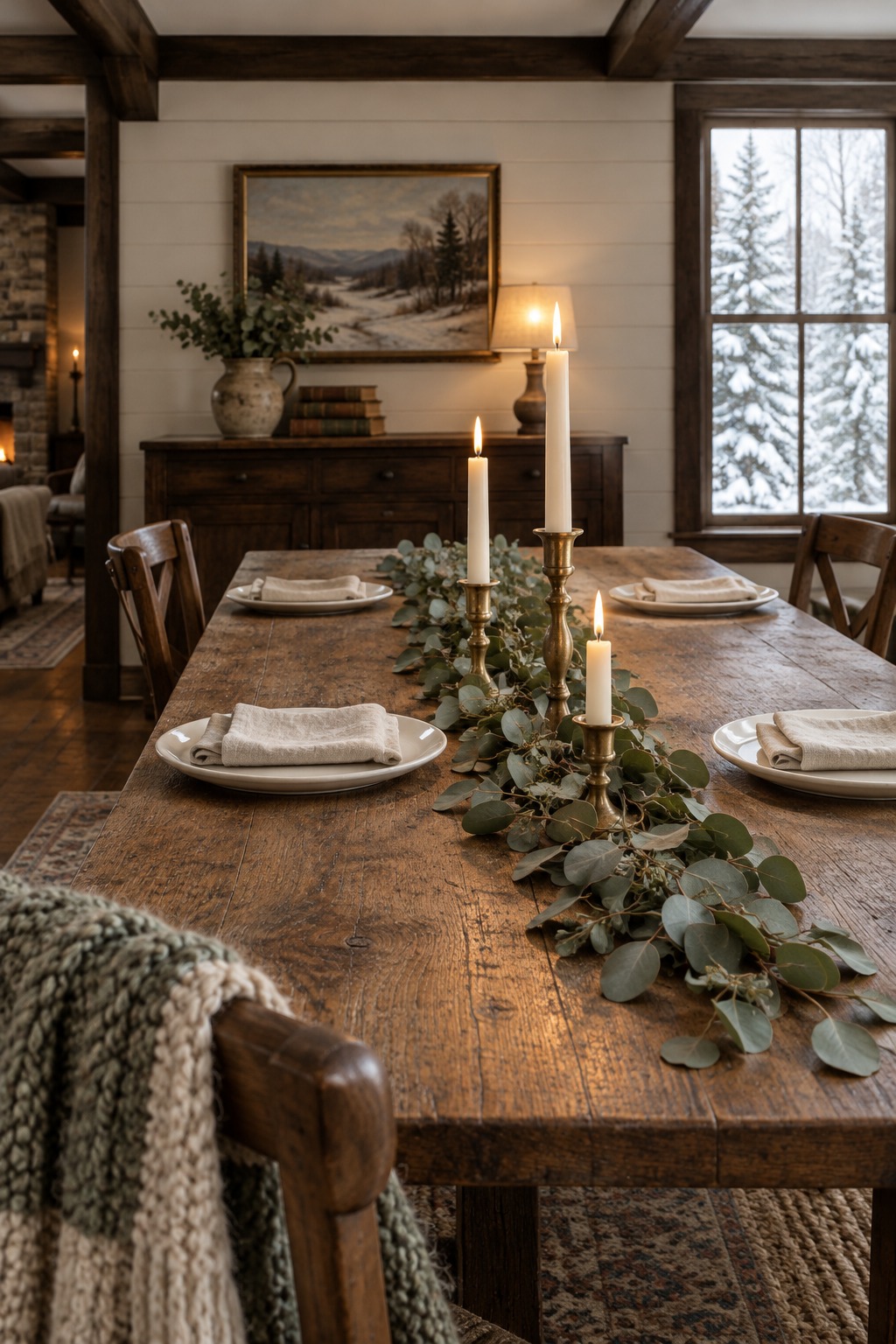 Close view of a wooden dining table with a narrow run of eucalyptus down the center, three ivory taper candles lit in brass candlesticks of different heights and white plates on either side