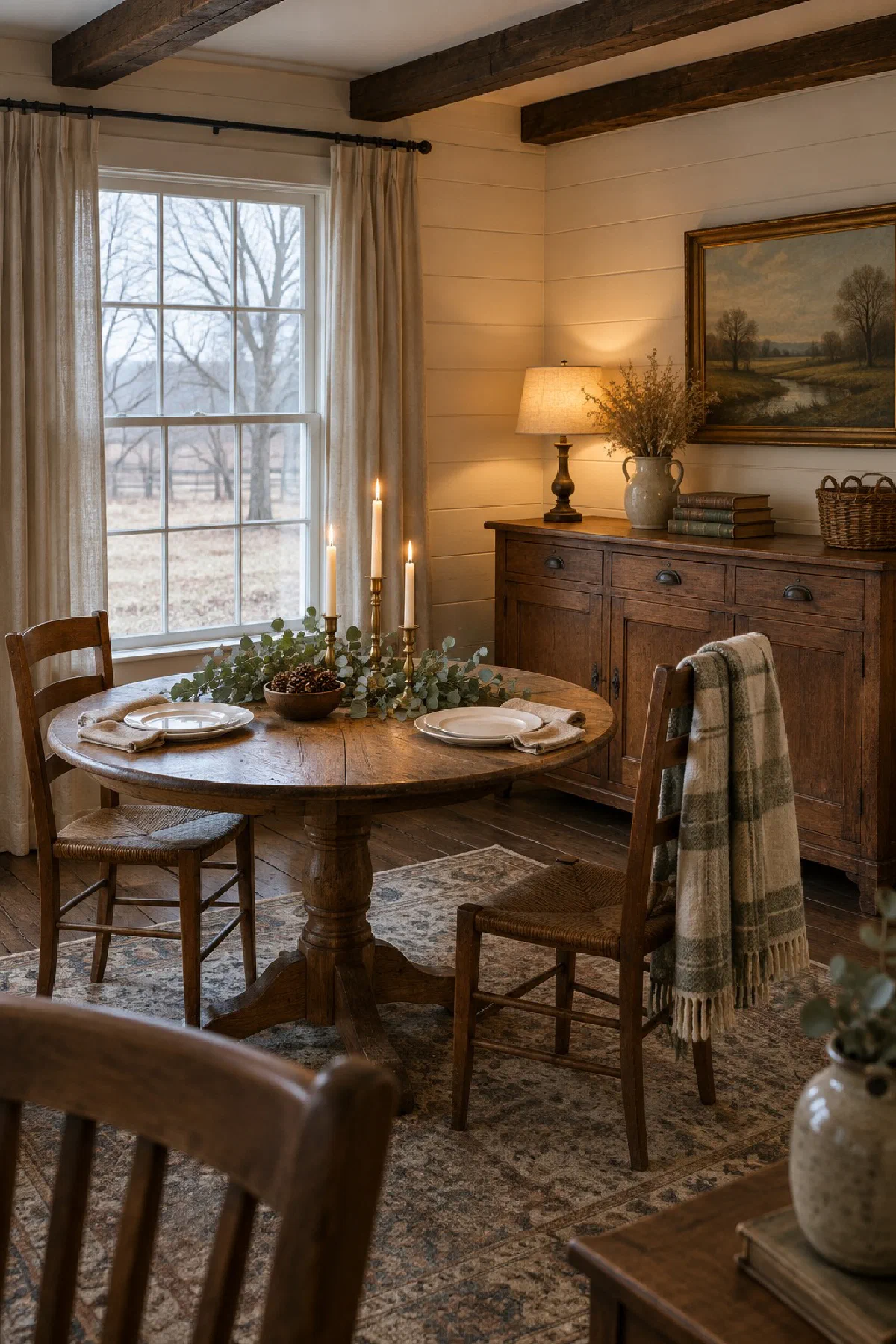 Small round wooden dining table in January set for two with white plates, oatmeal linen napkins, a low run of eucalyptus down the middle, three lit ivory taper candles in brass holders and a small wooden bowl of pinecones