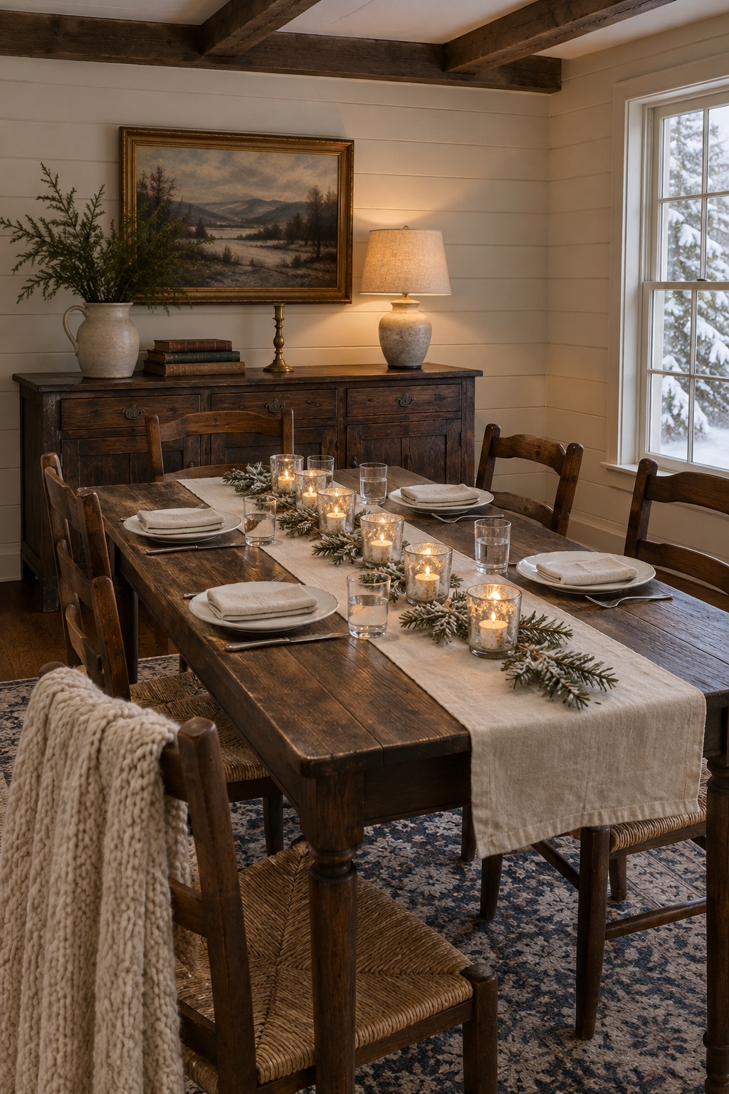 Wooden farmhouse dining table set for winter with white plates and linen napkins along an ivory linen runner, silver mercury glass votives with lit tea lights, clear glasses and frosted pine sprigs