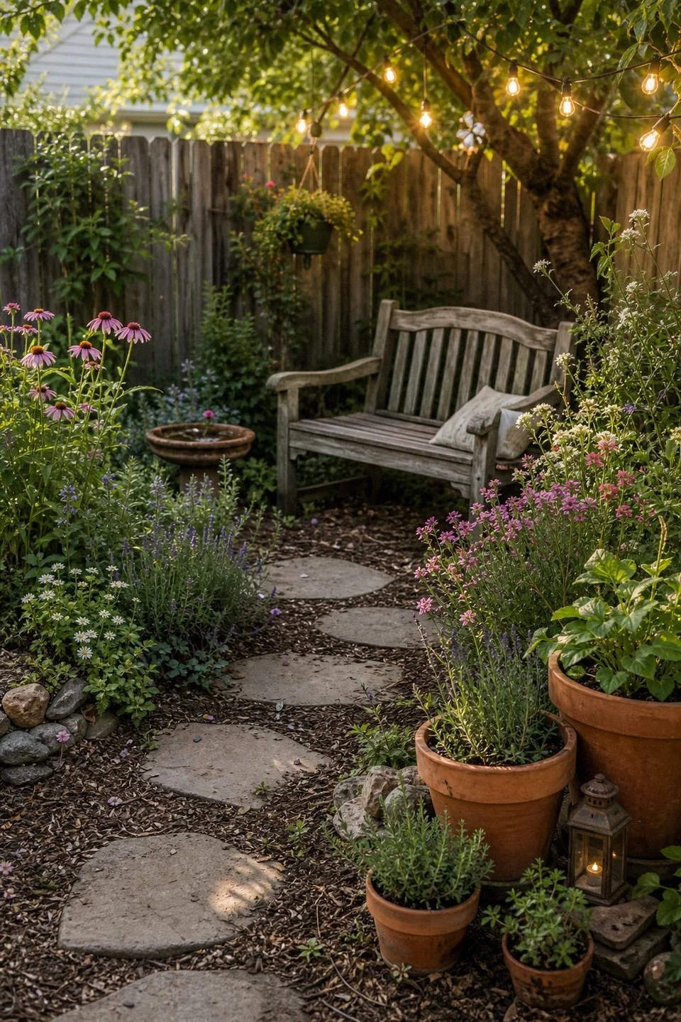 A stepping-stone path through layered flowers leading to a wooden garden bench.