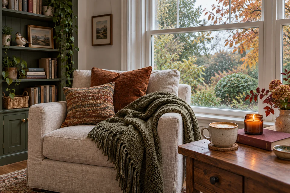 Linen armchair, moss-green knit blanket and oak table beside a rain-speckled autumn window.