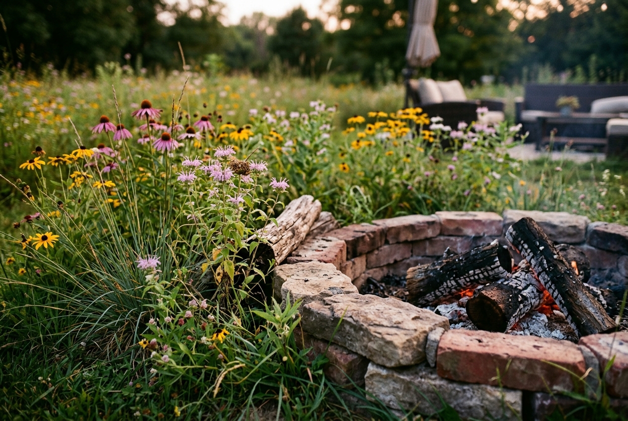 Simple steel fire pit ring on gravel base with Adirondack chairs arranged in circle