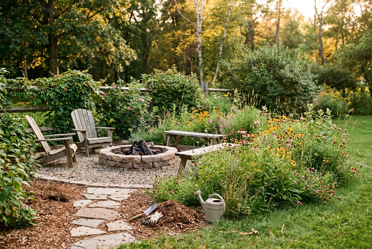 Mismatched seating arrangement around fire pit with wooden bench and Adirondack chairs