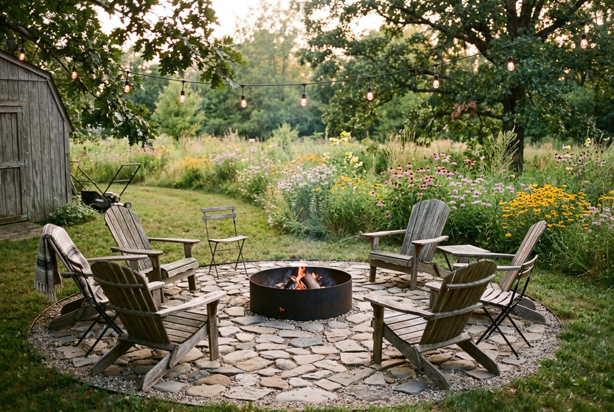 Holly shrubs planted in arc behind fire pit seating area with mulch around base