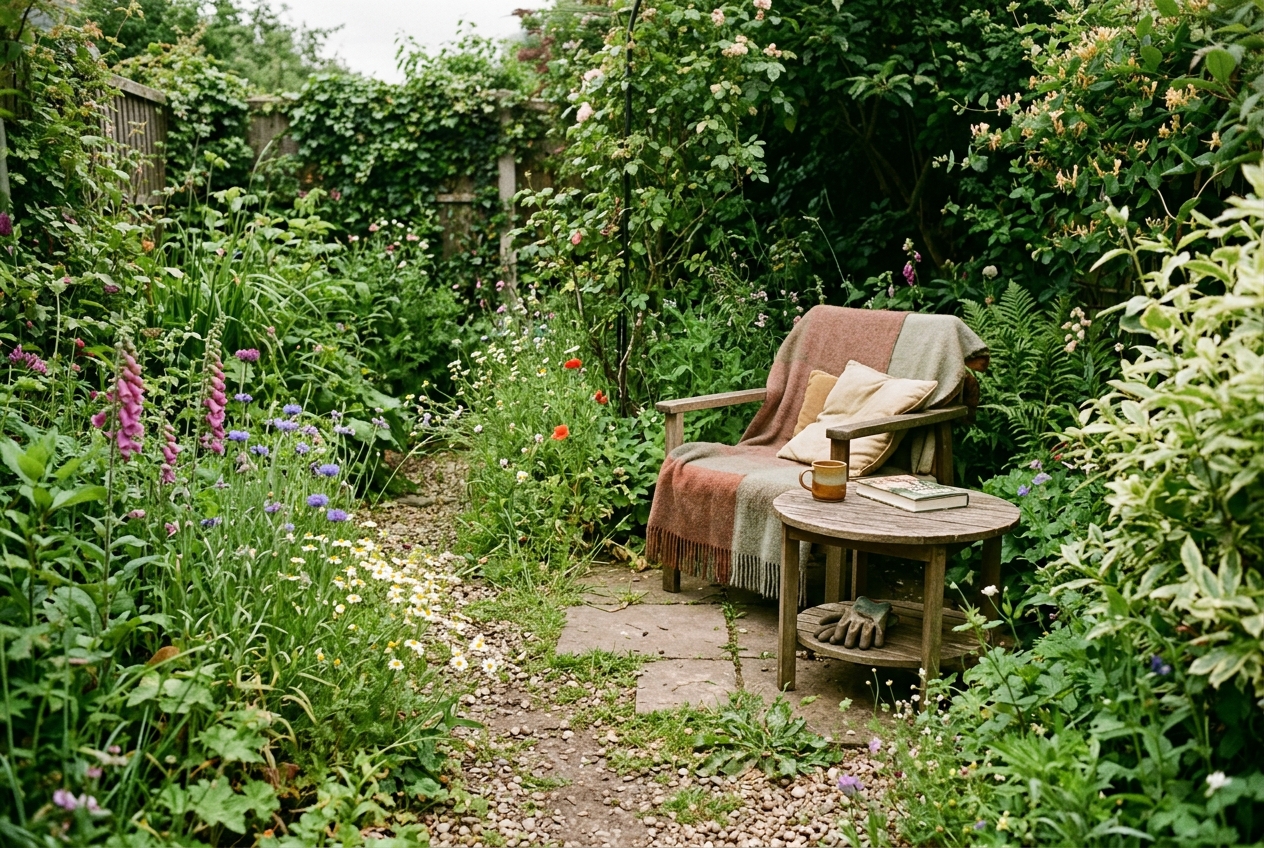 Established chaos garden with mixed heights of cosmos, poppies, and bachelor's buttons