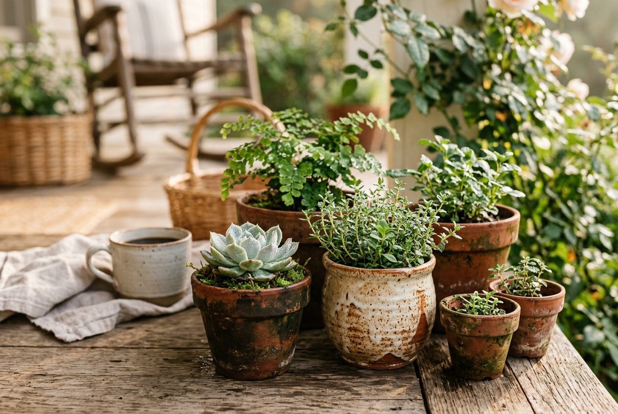 Aged terracotta pot with white mineral deposits and moss growing on rim