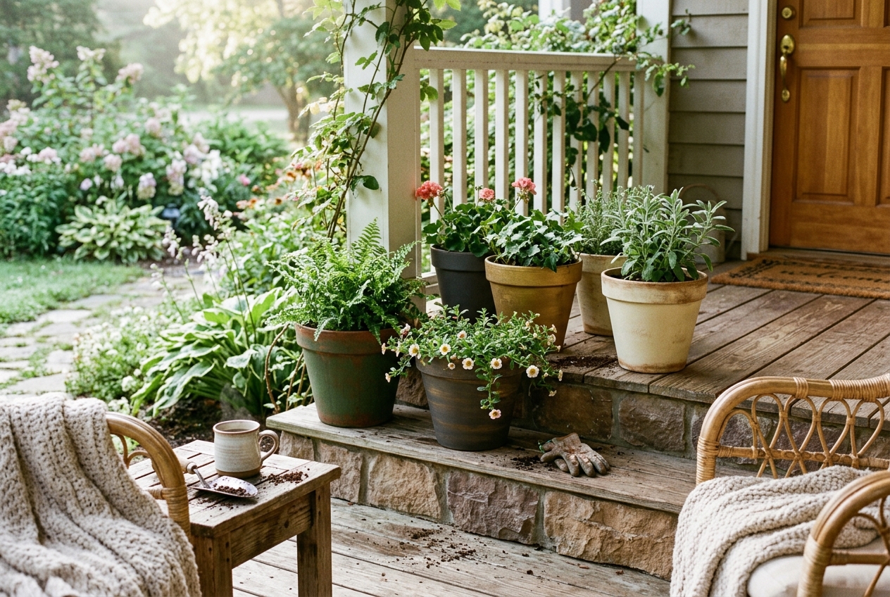Plastic planter spray painted to look like concrete with boxwood shrub