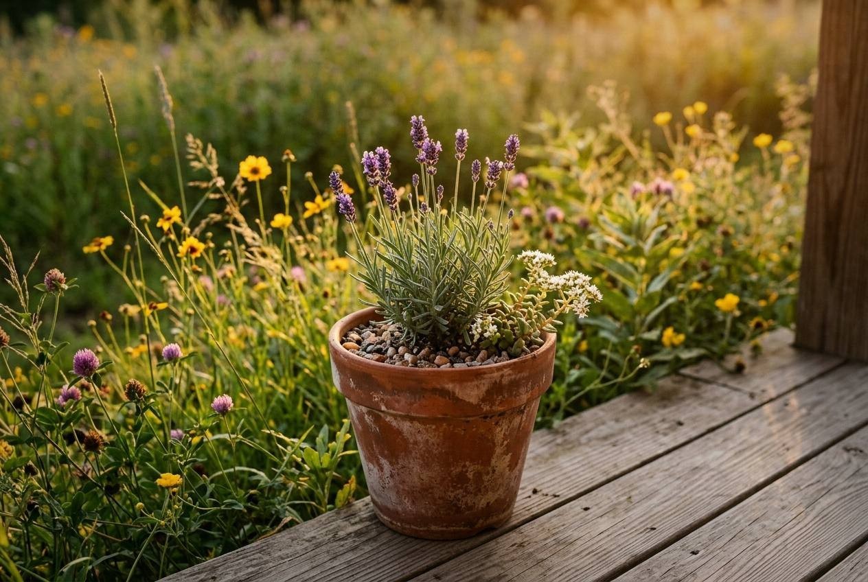Six plastic pots spray painted terracotta color drying on newspaper
