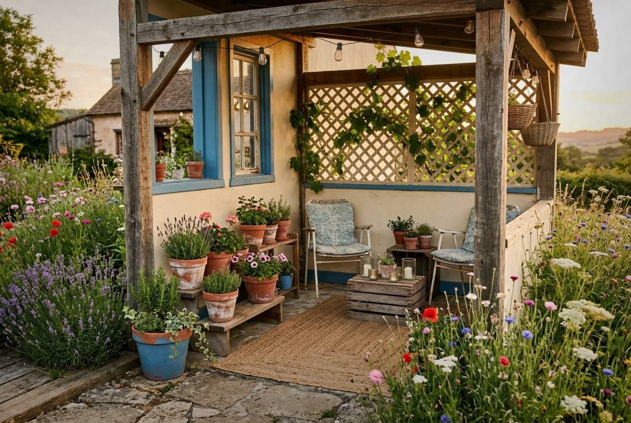 Wooden bench with striped runner, white candles, and throw pillow on a front porch