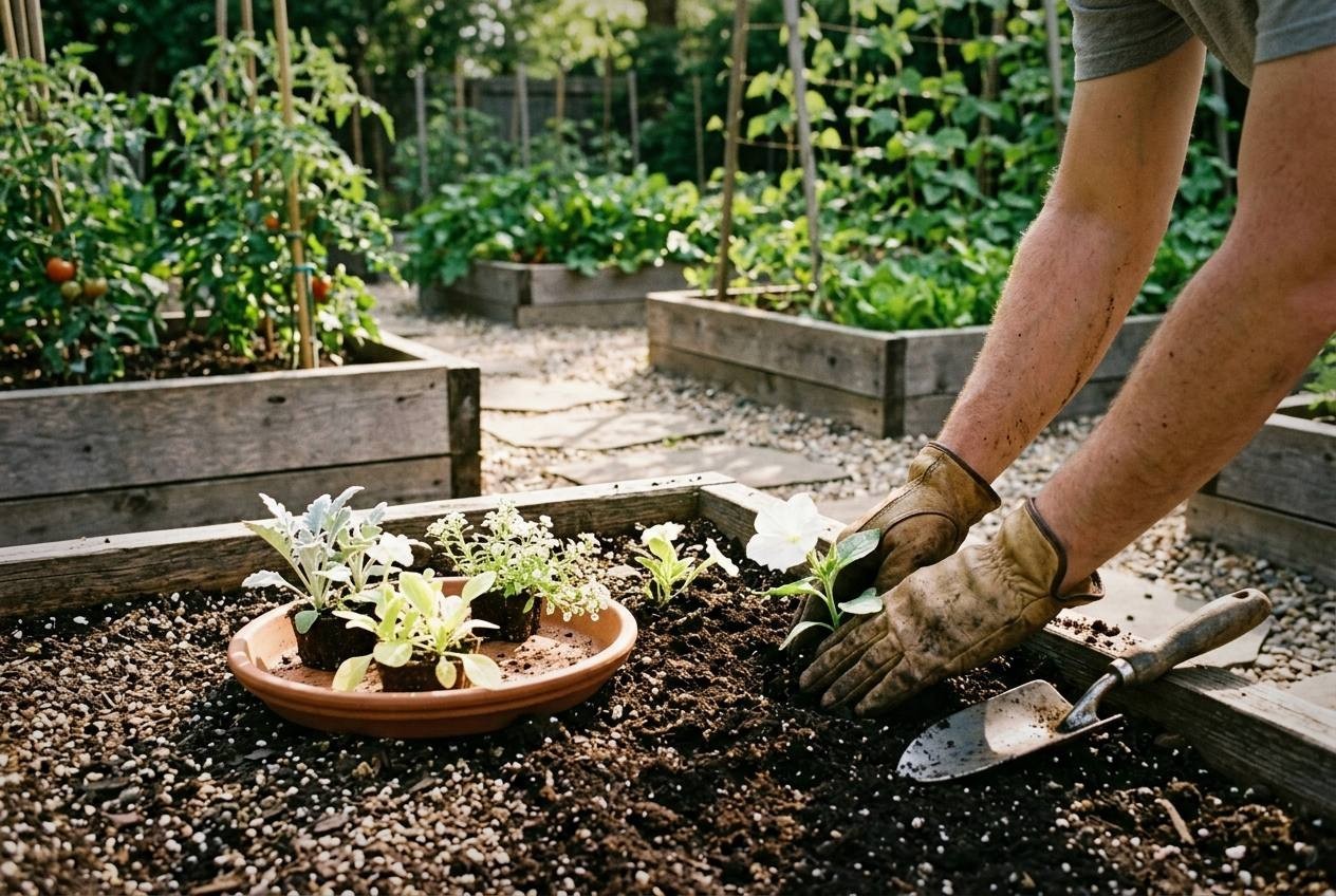 White moonflower blooms opening at dusk along a garden fence