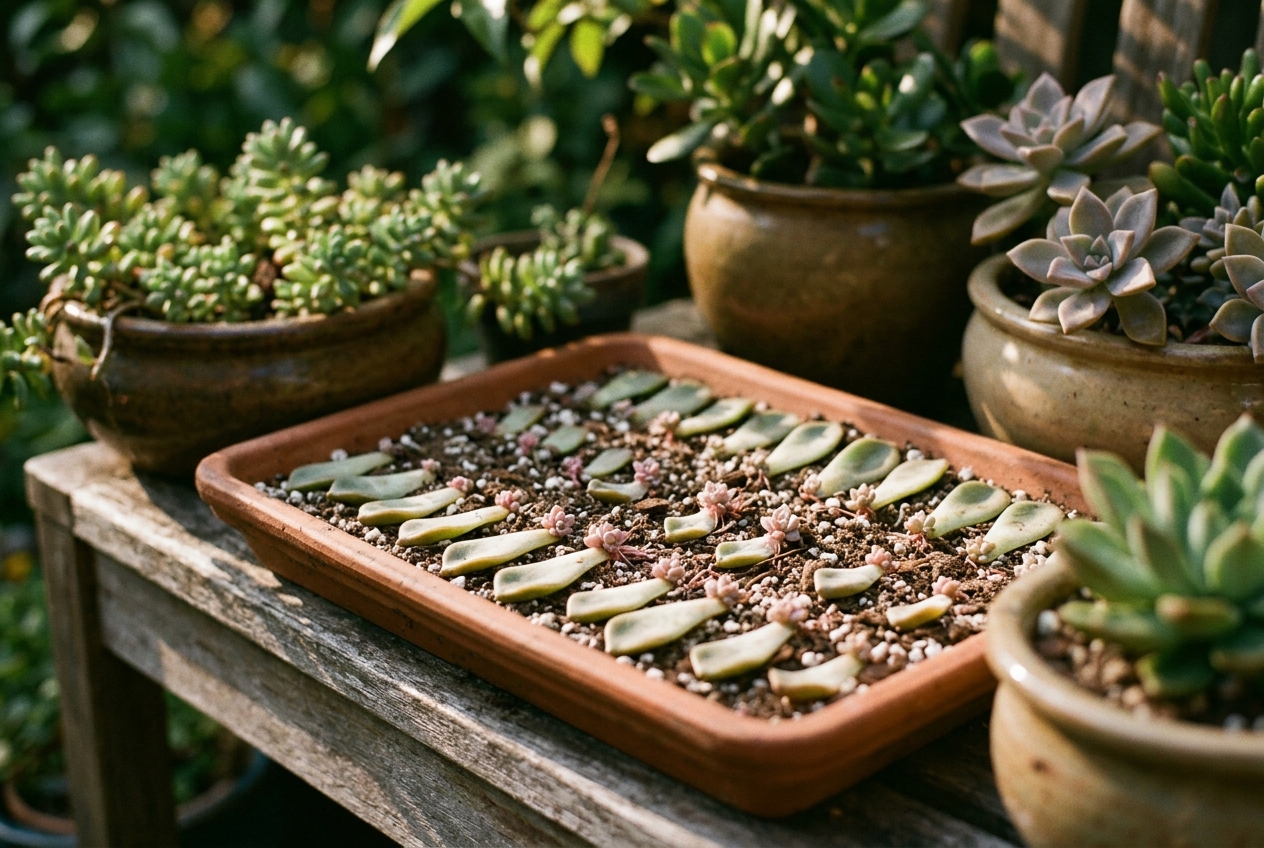 Shallow propagation tray with succulent leaves arranged on dry soil mix