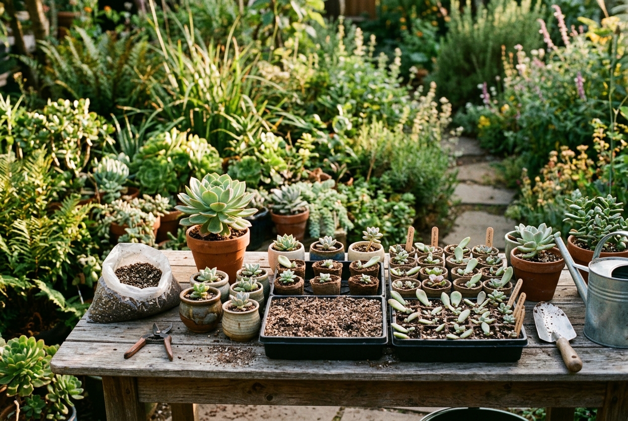 Close-up of succulent leaf with visible pink roots and tiny rosette forming