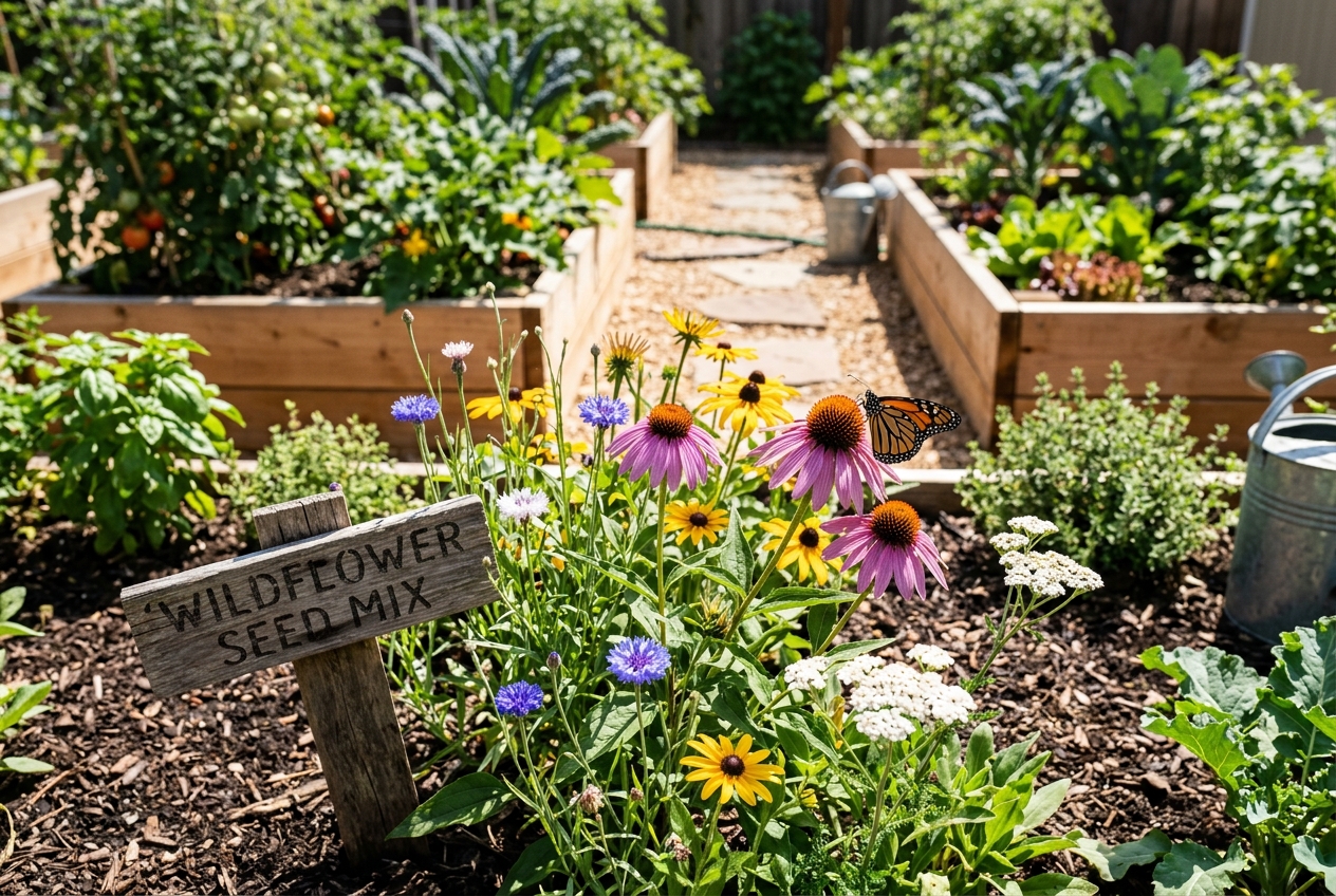 Hand holding wildflower seed mix with visible seed varieties