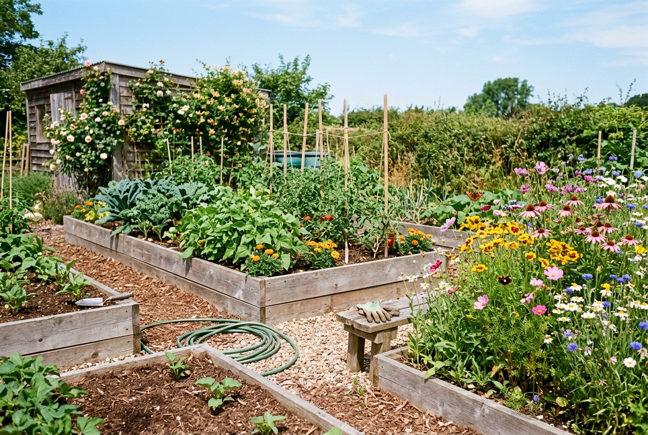 Wildflower meadow with multiple bloom colors and butterflies visible